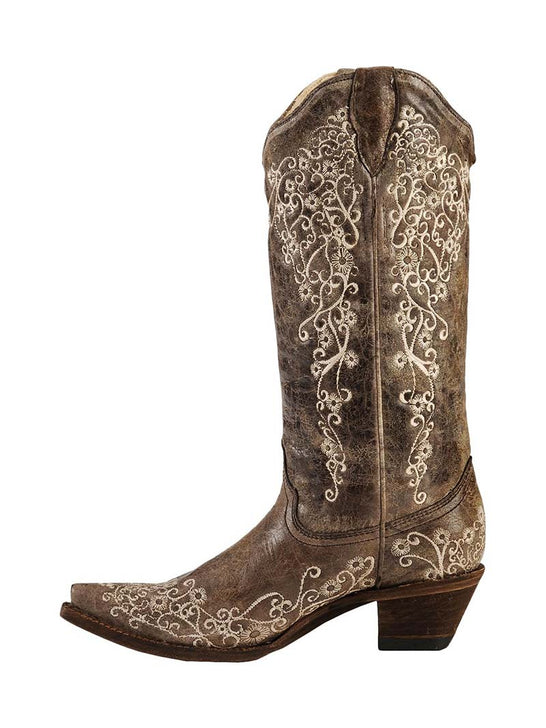 Corral A1094 Womens Crater Bone Embroidery Snip Toe Boots Brown side view. If you need any assistance with this item or the purchase of this item please call us at five six one seven four eight eight eight zero one Monday through Saturday 10:00a.m EST to 8:00 p.m EST