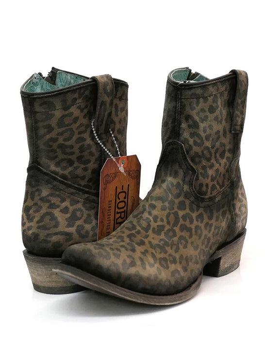 Corral C3627 Ladies Suede Leopard Print Ankle Bootie front and back view