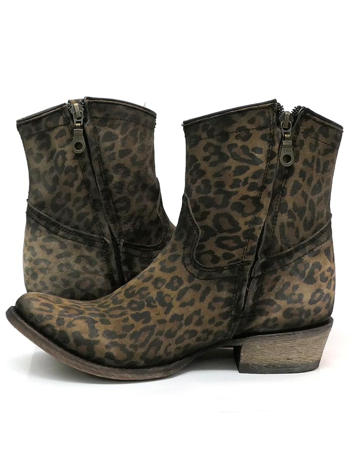 Corral C3627 Ladies Suede Leopard Print Ankle Bootie front and back view. If you need any assistance with this item or the purchase of this item please call us at five six one seven four eight eight eight zero one Monday through Saturday 10:00a.m EST to 8:00 p.m EST