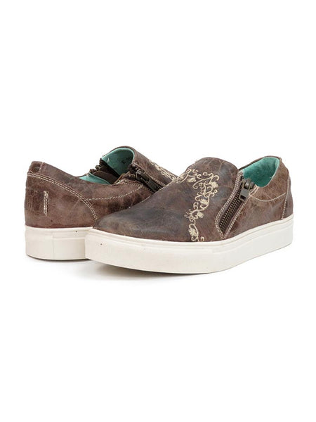 Corral Womens Floral Embroidery Brown Zipper Sneaker E1551 front and back view. If you need any assistance with this item or the purchase of this item please call us at five six one seven four eight eight eight zero one Monday through Saturday 10:00a.m EST to 8:00 p.m EST
