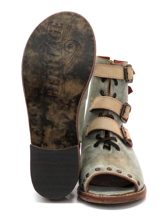 Corral F1189 Womens Western Moss Lace and Straps Sandal Distressed Green front side and back view. If you need any assistance with this item or the purchase of this item please call us at five six one seven four eight eight eight zero one Monday through Saturday 10:00a.m EST to 8:00 p.m EST