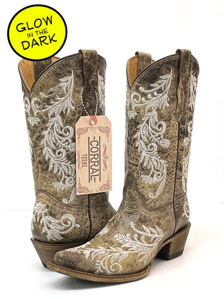 Corral T0118 Teen Glow Embroidery Snip Toe Western Boots Brown front side and back view. If you need any assistance with this item or the purchase of this item please call us at five six one seven four eight eight eight zero one Monday through Saturday 10:00a.m EST to 8:00 p.m EST