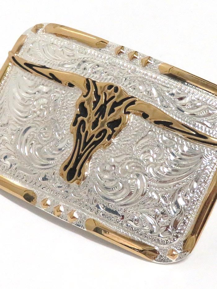 Crumrine Rectangle Longhorn Skull 2-Tone Belt Buckle C10810 Front. If you need any assistance with this item or the purchase of this item please call us at five six one seven four eight eight eight zero one Monday through Saturday 10:00a.m EST to 8:00 p.m EST