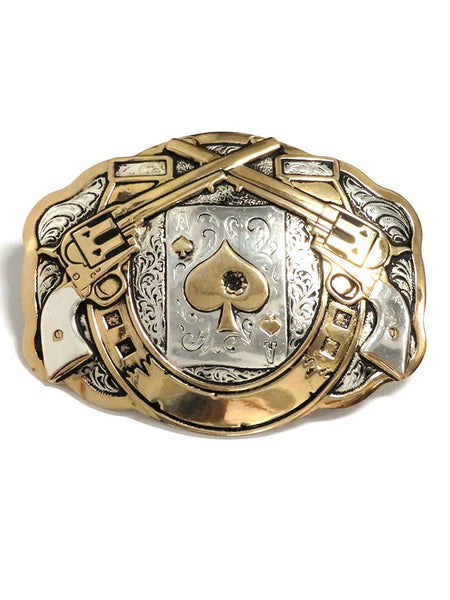 Crumrine Large Scallop Horseshoe and Poker 2-Tone Cowboy Belt Buckle C11259 Front. If you need any assistance with this item or the purchase of this item please call us at five six one seven four eight eight eight zero one Monday through Saturday 10:00a.m EST to 8:00 p.m EST