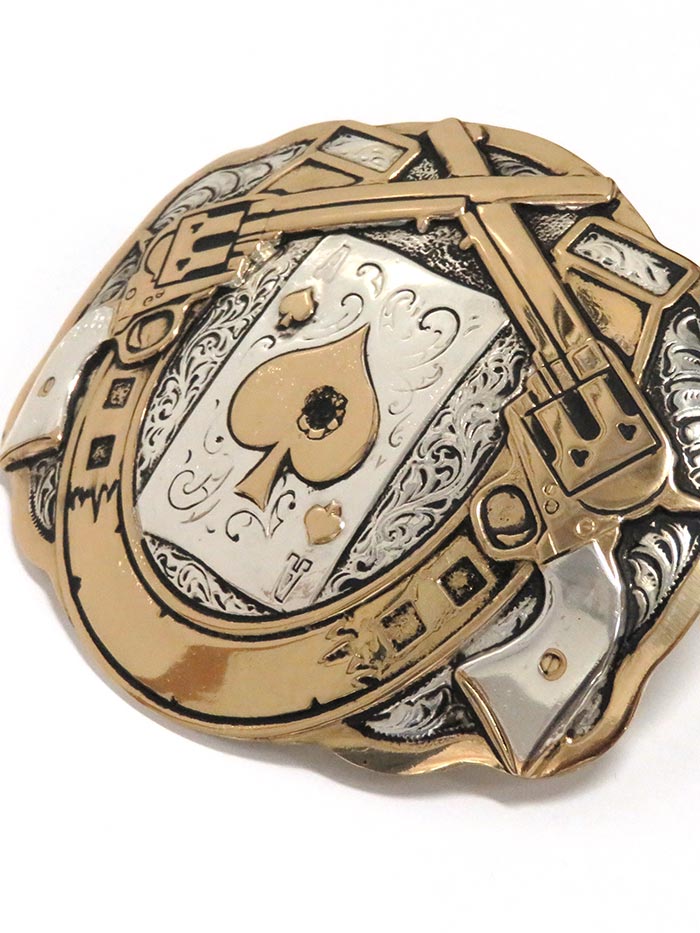 Crumrine Large Scallop Horseshoe and Poker 2-Tone Cowboy Belt Buckle C11259 Front. If you need any assistance with this item or the purchase of this item please call us at five six one seven four eight eight eight zero one Monday through Saturday 10:00a.m EST to 8:00 p.m EST