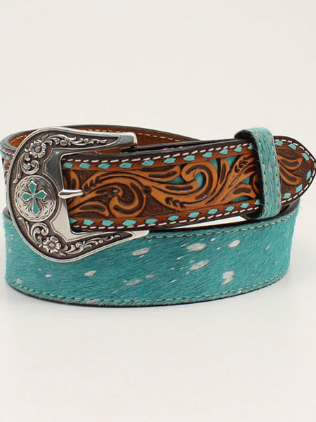 Angel Ranch D140001433 Womens Belt 1 1/2 Buck Stitch Tooled Tabs Calf Hair Turquoise front view. If you need any assistance with this item or the purchase of this item please call us at five six one seven four eight eight eight zero one Monday through Saturday 10:00a.m EST to 8:00 p.m EST