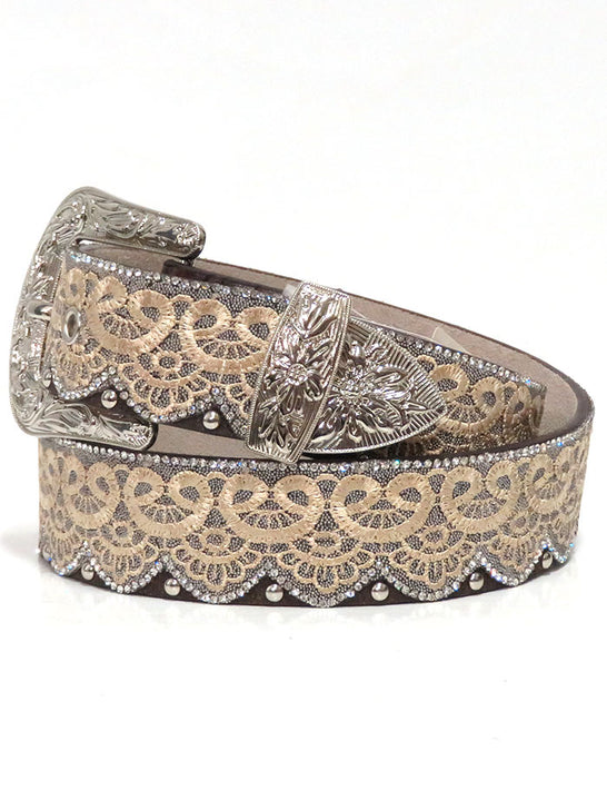 Angel Ranch DA3650 Womens Crystal Studs Laced Fashion Belt Brown side view. If you need any assistance with this item or the purchase of this item please call us at five six one seven four eight eight eight zero one Monday through Saturday 10:00a.m EST to 8:00 p.m EST