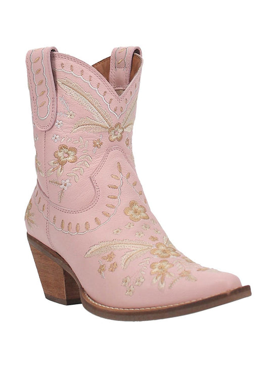 Dingo DI748 Womens Primrose Ankle Western Bootie Pink front-side view. If you need any assistance with this item or the purchase of this item please call us at five six one seven four eight eight eight zero one Monday through Saturday 10:00a.m EST to 8:00 p.m EST