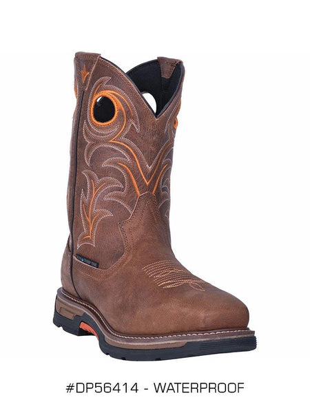 Dan Post DP56414 Mens Storms Eye Waterproof Square Toe Boot Brown Work Boots front and side view. If you need any assistance with this item or the purchase of this item please call us at five six one seven four eight eight eight zero one Monday through Saturday 10:00a.m EST to 8:00 p.m EST