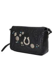 American West 9703514 Ladies Lariat Love Crossbody Hand Bag Black front and side view. If you need any assistance with this item or the purchase of this item please call us at five six one seven four eight eight eight zero one Monday through Saturday 10:00a.m EST to 8:00 p.m EST