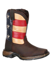 Durango DBT0159 Kids American Flag Lil' Rebel Cowboy Boot Front Side view. If you need any assistance with this item or the purchase of this item please call us at five six one seven four eight eight eight zero one Monday through Saturday 10:00a.m EST to 8:00 p.m EST
