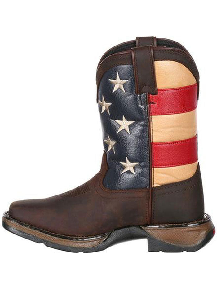 Durango DBT0159 Kids American Flag Lil' Rebel Cowboy Boot Front Side view. If you need any assistance with this item or the purchase of this item please call us at five six one seven four eight eight eight zero one Monday through Saturday 10:00a.m EST to 8:00 p.m EST