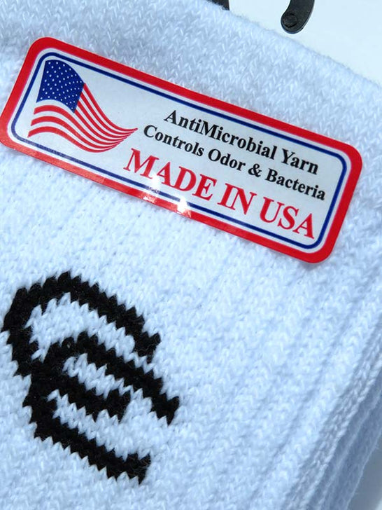 Dan Post DPCBM Mens All Around Crew Socks White close up view. If you need any assistance with this item or the purchase of this item please call us at five six one seven four eight eight eight zero one Monday through Saturday 10:00a.m EST to 8:00 p.m EST