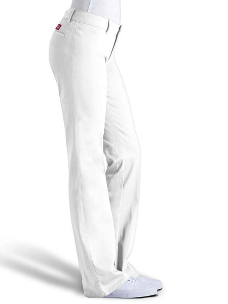 Dickies N882-WHT Juniors 2  Bootcut Pant N882-WHT White side view. If you need any assistance with this item or the purchase of this item please call us at five six one seven four eight eight eight zero one Monday through Saturday 10:00a.m EST to 8:00 p.m EST