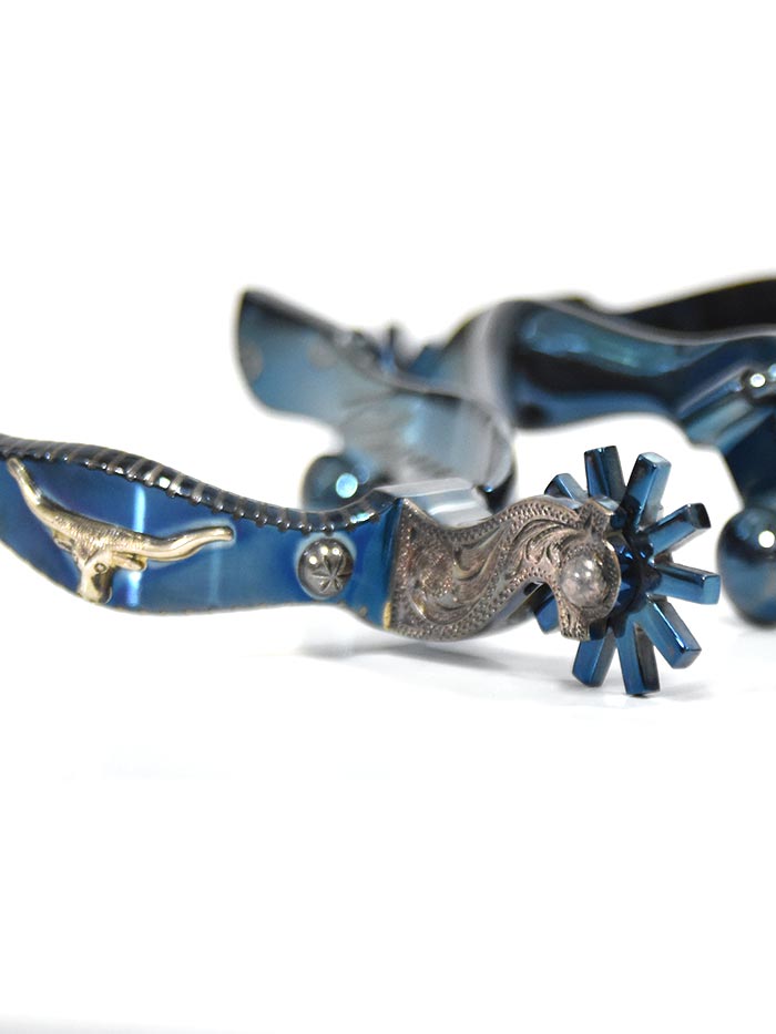 E Garcia Spurs SP2261 Authentic Longhorn Blue Inlay Cowboy Boot Spurs side, back and front view of pair. If you need any assistance with this item or the purchase of this item please call us at five six one seven four eight eight eight zero one Monday through Saturday 10:00a.m EST to 8:00 p.m EST
