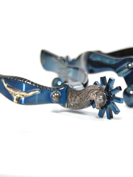 E Garcia Spurs SP2261 Authentic Longhorn Blue Inlay Cowboy Boot Spurs  back view close up. If you need any assistance with this item or the purchase of this item please call us at five six one seven four eight eight eight zero one Monday through Saturday 10:00a.m EST to 8:00 p.m EST