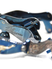 E Garcia Spurs SP2261 Authentic Longhorn Blue Inlay Cowboy Boot Spurs  signature close up view. If you need any assistance with this item or the purchase of this item please call us at five six one seven four eight eight eight zero one Monday through Saturday 10:00a.m EST to 8:00 p.m EST
