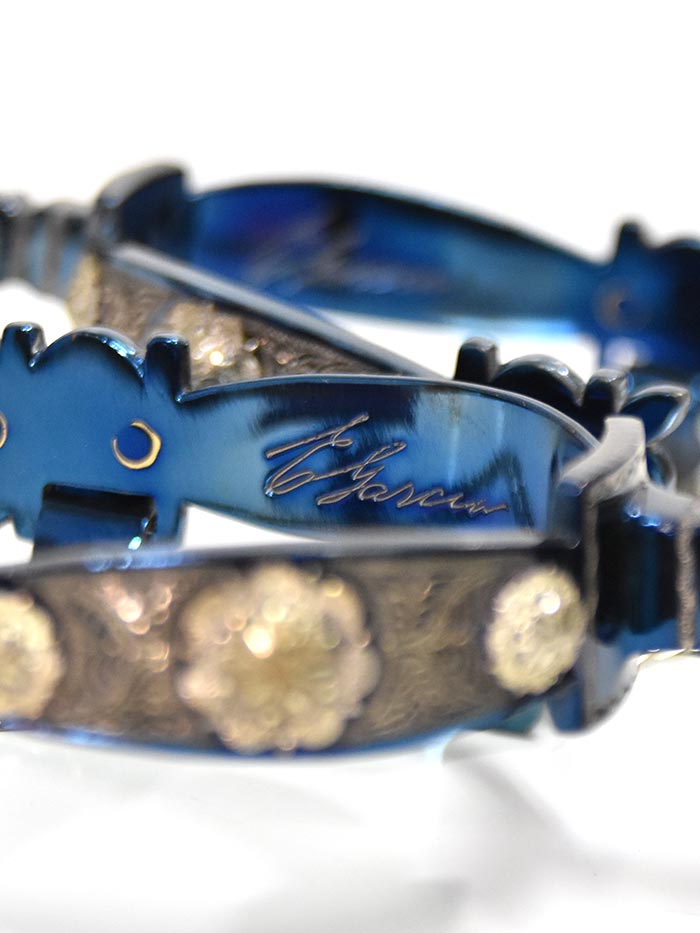 E Garcia Spurs SP2271 Authentic Blue Inlay With Jingle Bobs Cowboy Boot Spurs pair side view. If you need any assistance with this item or the purchase of this item please call us at five six one seven four eight eight eight zero one Monday through Saturday 10:00a.m EST to 8:00 p.m EST