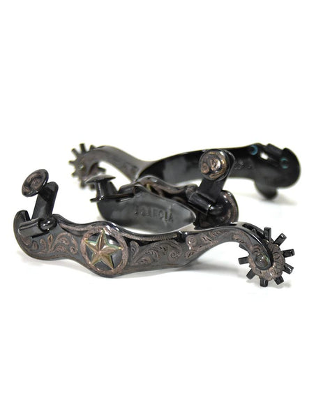 E Garcia Spurs SP2281 Authentic Gun Metal Star Inlay Cowboy Boot Spurs side view. If you need any assistance with this item or the purchase of this item please call us at five six one seven four eight eight eight zero one Monday through Saturday 10:00a.m EST to 8:00 p.m EST