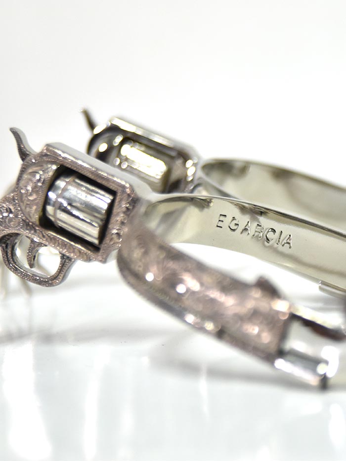 E Garcia Spurs SP2311 Authentic Revolver With Chain Floral Inlay Boot Spurs side and back view. If you need any assistance with this item or the purchase of this item please call us at five six one seven four eight eight eight zero one Monday through Saturday 10:00a.m EST to 8:00 p.m EST