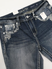 Grace In LA EB-61300 Womens Aztec Embellished Easy Fit Bootcut Jeans front view close up. If you need any assistance with this item or the purchase of this item please call us at five six one seven four eight eight eight zero one Monday through Saturday 10:00a.m EST to 8:00 p.m EST