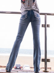 Grace In LA EB-61300 Womens Aztec Embellished Easy Fit Bootcut Jeans back view. If you need any assistance with this item or the purchase of this item please call us at five six one seven four eight eight eight zero one Monday through Saturday 10:00a.m EST to 8:00 p.m EST