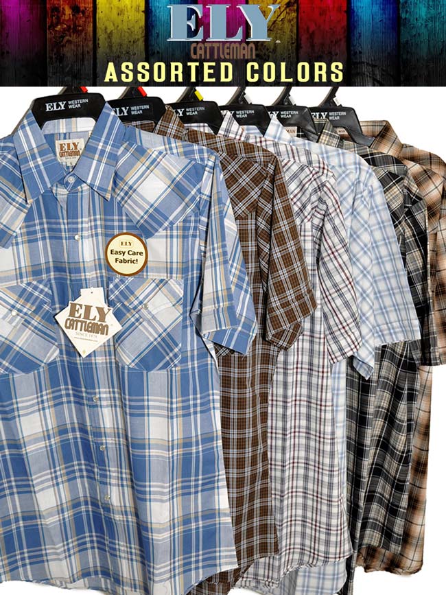 Ely Cattleman 15202607 Mens Western Short Sleeve Plaid Shirt Assorted Colors view. If you need any assistance with this item or the purchase of this item please call us at five six one seven four eight eight eight zero one Monday through Saturday 10:00a.m EST to 8:00 p.m EST