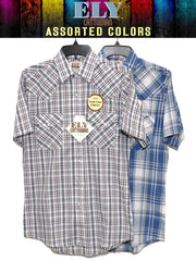Ely Cattleman 15202607 Mens Western Short Sleeve Plaid Shirt Assorted Colors front view. If you need any assistance with this item or the purchase of this item please call us at five six one seven four eight eight eight zero one Monday through Saturday 10:00a.m EST to 8:00 p.m EST