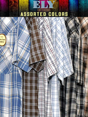Ely Cattleman 15202607 Mens Western Short Sleeve Plaid Shirt Assorted Colors close up view. If you need any assistance with this item or the purchase of this item please call us at five six one seven four eight eight eight zero one Monday through Saturday 10:00a.m EST to 8:00 p.m EST