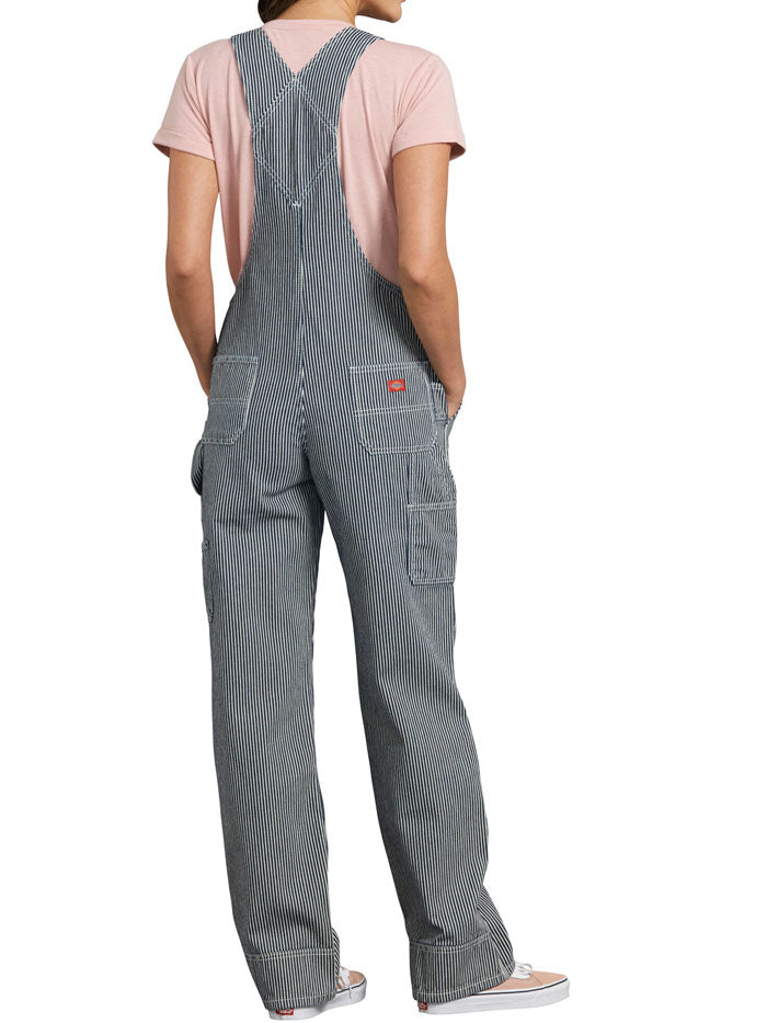 Dickies FB206RHS Women's Relaxed Fit Bib Overalls Blue White Hickory Stripe front. If you need any assistance with this item or the purchase of this item please call us at five six one seven four eight eight eight zero one Monday through Saturday 10:00a.m EST to 8:00 p.m EST