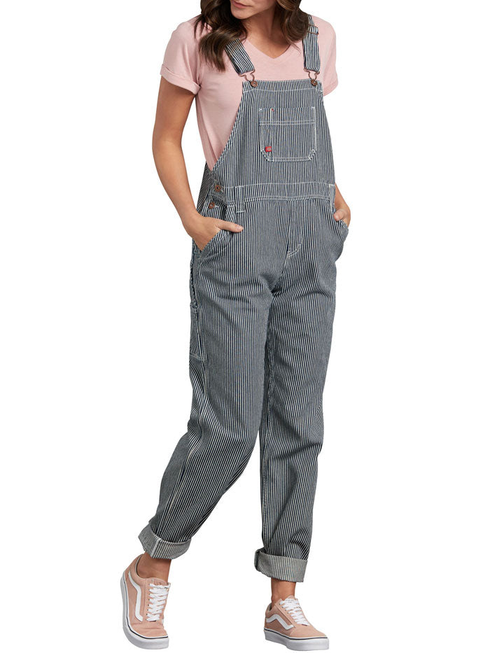 Dickies FB206RHS Women's Relaxed Fit Bib Overalls Blue White Hickory Stripe front. If you need any assistance with this item or the purchase of this item please call us at five six one seven four eight eight eight zero one Monday through Saturday 10:00a.m EST to 8:00 p.m EST
