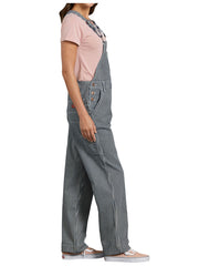 Dickies FB206RHS Women's Relaxed Fit Bib Overalls Blue White Hickory Stripe side. If you need any assistance with this item or the purchase of this item please call us at five six one seven four eight eight eight zero one Monday through Saturday 10:00a.m EST to 8:00 p.m EST