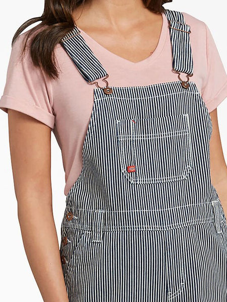 Dickies FB206RHS Women's Relaxed Fit Bib Overalls Blue White Hickory Stripe close up. If you need any assistance with this item or the purchase of this item please call us at five six one seven four eight eight eight zero one Monday through Saturday 10:00a.m EST to 8:00 p.m EST