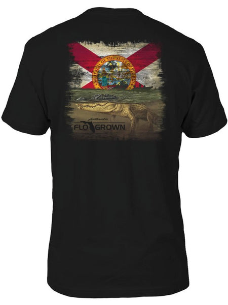 FloGrown FGM-198 Mens Short Sleeve Swimming Gator Tee Black back view. If you need any assistance with this item or the purchase of this item please call us at five six one seven four eight eight eight zero one Monday through Saturday 10:00a.m EST to 8:00 p.m EST