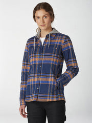 Dickies FJ076OP2 Womens Fleece Hooded Flannel Shirt Jacket Deep Blue FRONT. If you need any assistance with this item or the purchase of this item please call us at five six one seven four eight eight eight zero one Monday through Saturday 10:00a.m EST to 8:00 p.m EST