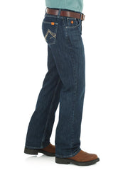 Wrangler FR42MWR Mens Flame Resistant 20X Vintage Boot Jean Rinse Wash Navy side view. If you need any assistance with this item or the purchase of this item please call us at five six one seven four eight eight eight zero one Monday through Saturday 10:00a.m EST to 8:00 p.m EST