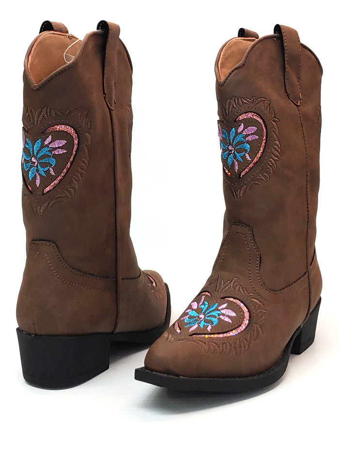 Roper 09-018-1556-1117 Kids Daisy Heart Snip Toe Western Boots Brown front and back view. If you need any assistance with this item or the purchase of this item please call us at five six one seven four eight eight eight zero one Monday through Saturday 10:00a.m EST to 8:00 p.m EST