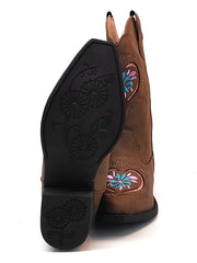 Roper 09-018-1556-1117 Kids Daisy Heart Snip Toe Western Boots Brown front and sole view. If you need any assistance with this item or the purchase of this item please call us at five six one seven four eight eight eight zero one Monday through Saturday 10:00a.m EST to 8:00 p.m EST