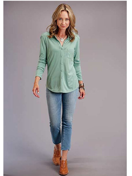 Stetson 11-050-0514-0301 Womens Rayon Jersey Knit Button Front Blouse Green FRONT