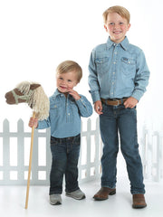Wrangler PQ1371D Infants Western Long Sleeve Bodysuit Faded Blue FRONT MODEL