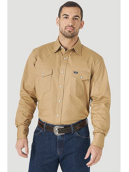 Wrangler MACW21T Mens Premium Performance Comfort Long Sleeve Work Shirt Tan FRONT
