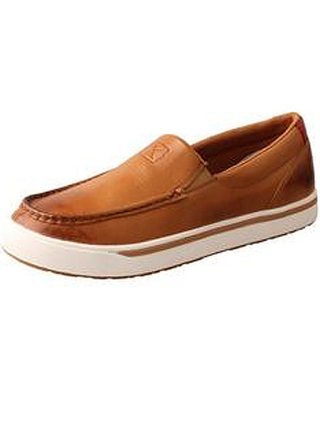 Twisted X MCA0048 Mens Rice Husk Outsole Slip On Casual Shoes Tan front and side view. If you need any assistance with this item or the purchase of this item please call us at five six one seven four eight eight eight zero one Monday through Saturday 10:00a.m EST to 8:00 p.m EST