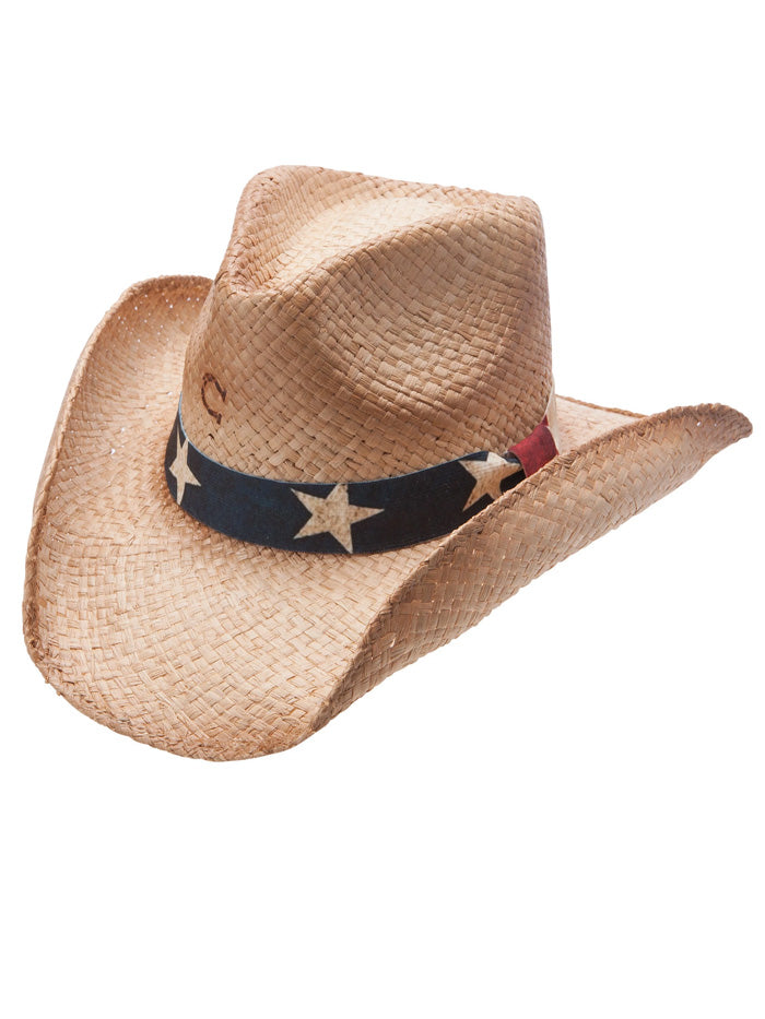 Charlie 1 Horse CSSTRS-4036 Mens Stars and Stripes Straw Hat Sweated front and side view. If you need any assistance with this item or the purchase of this item please call us at five six one seven four eight eight eight zero one Monday through Saturday 10:00a.m EST to 8:00 p.m EST