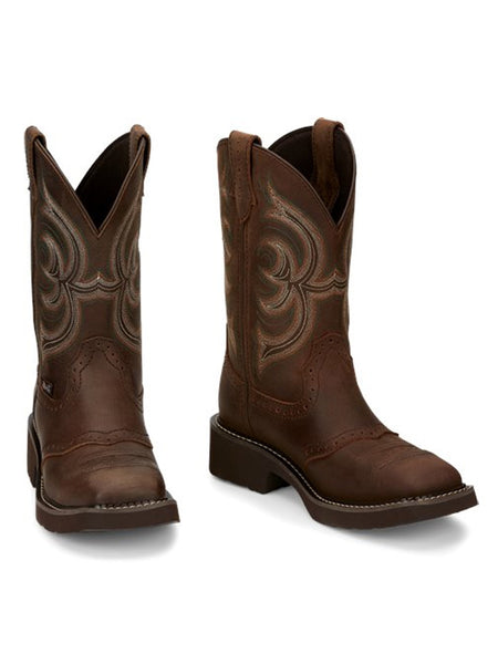 Justin GY9984 Womens Western Cowhide Inji Boot Brown front / side view pair. If you need any assistance with this item or the purchase of this item please call us at five six one seven four eight eight eight zero one Monday through Saturday 10:00a.m EST to 8:00 p.m EST