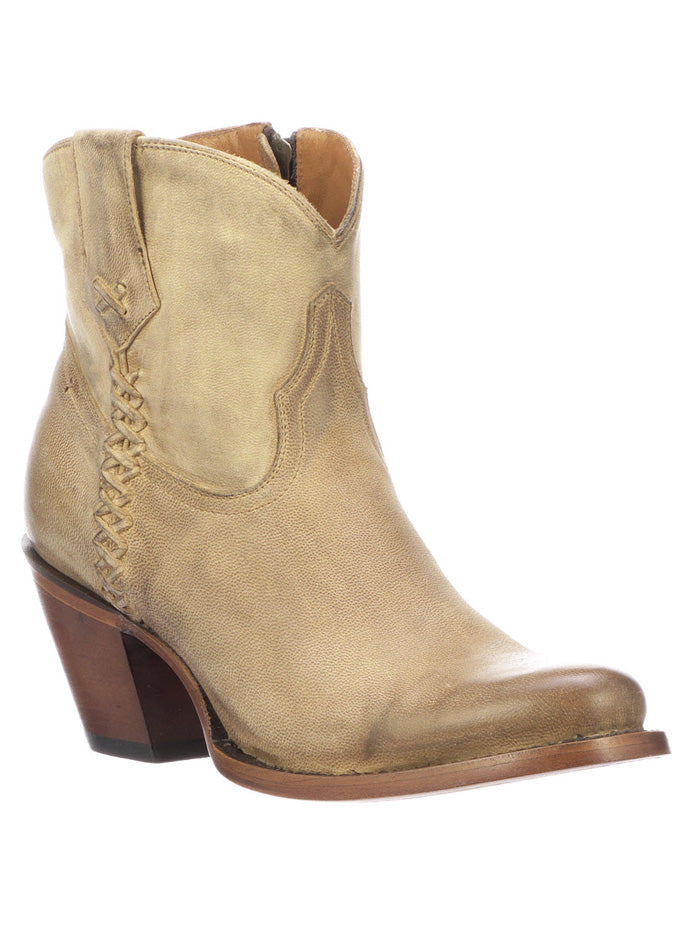 Lucchese M6006 Womens Avery Cross Stitch Bootie Pearl Bone fron and side view. If you need any assistance with this item or the purchase of this item please call us at five six one seven four eight eight eight zero one Monday through Saturday 10:00a.m EST to 8:00 p.m EST