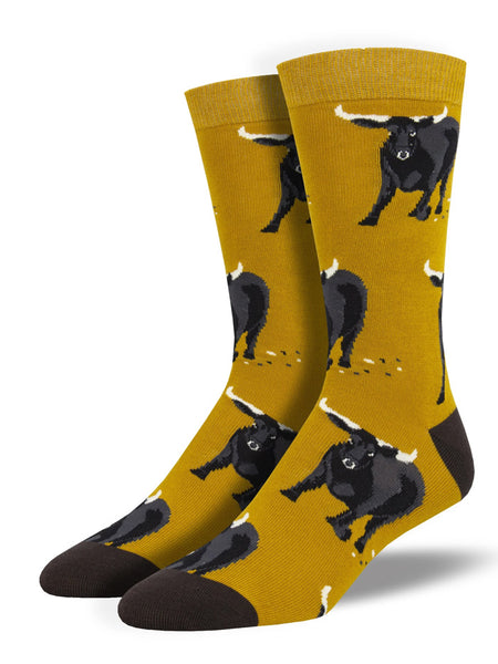 Socksmith MBN1920-GOL Mens Bamboo Bull Socks Gold front and side view of pair. If you need any assistance with this item or the purchase of this item please call us at five six one seven four eight eight eight zero one Monday through Saturday 10:00a.m EST to 8:00 p.m EST