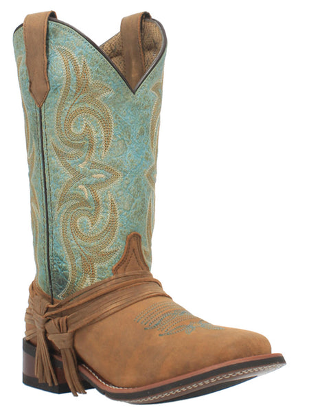 Laredo 5847 Womens Sadie Square Toe Leather Boots Tan Turquoise front and side view. If you need any assistance with this item or the purchase of this item please call us at five six one seven four eight eight eight zero one Monday through Saturday 10:00a.m EST to 8:00 p.m EST