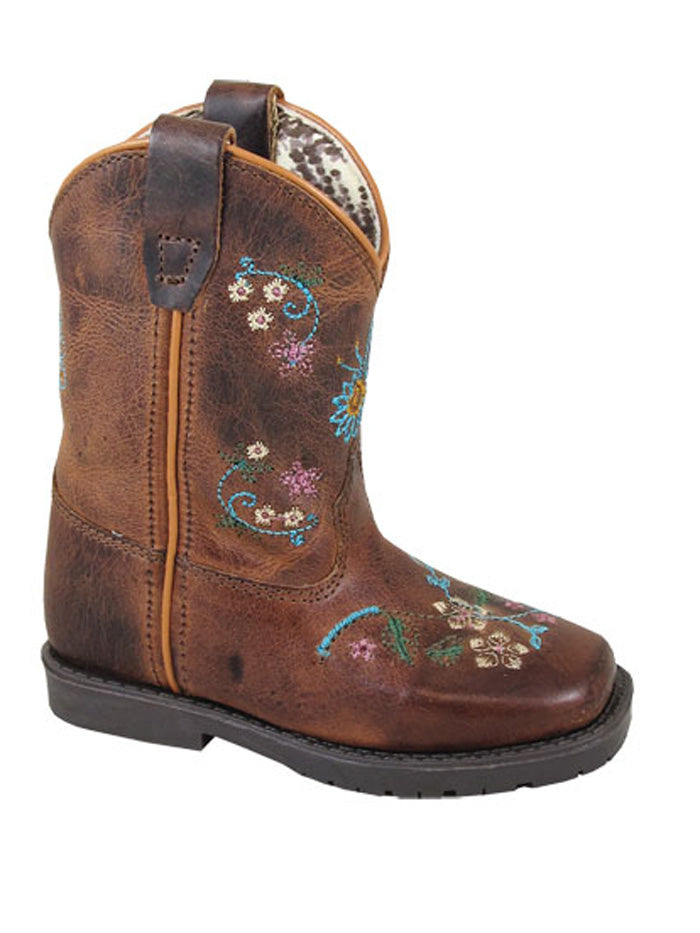 Smoky Mountain 3833T Toddler Floralie Square Toe Western Boots Brown side and front view.If you need any assistance with this item or the purchase of this item please call us at five six one seven four eight eight eight zero one Monday through Saturday 10:00a.m EST to 8:00 p.m EST