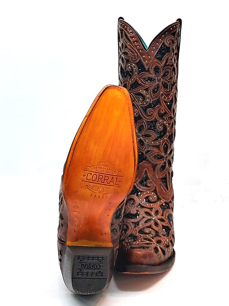 Corral A4083 Ladies Inlay Embroidery Stud Snip Toe Leather Boots Tan and Black sole and front view. If you need any assistance with this item or the purchase of this item please call us at five six one seven four eight eight eight zero one Monday through Saturday 10:00a.m EST to 8:00 p.m EST