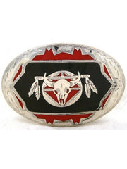 Colorado Silver Star 6007-BRR Silver Oval Skull and Shield Buckle Black Red front view. If you need any assistance with this item or the purchase of this item please call us at five six one seven four eight eight eight zero one Monday through Saturday 10:00a.m EST to 8:00 p.m EST